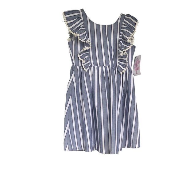 NWT Bonnie Jean Girl’s Blue & White Stripe Summer Dress Back Bow Ruffle Sleeves - Picture 2 of 6